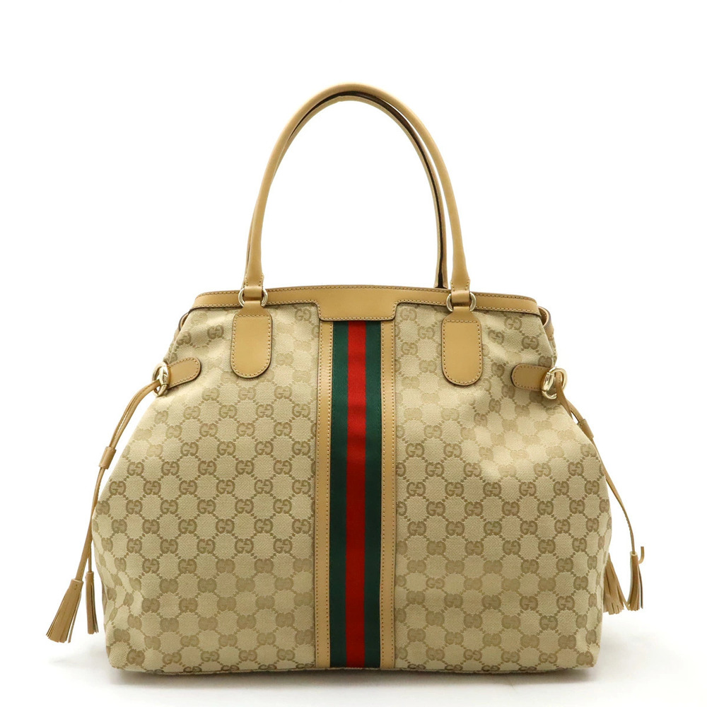 Gucci GG Canvas Sherry Tote Bag Shoulder Fringe Tassel Leather Beige Cream